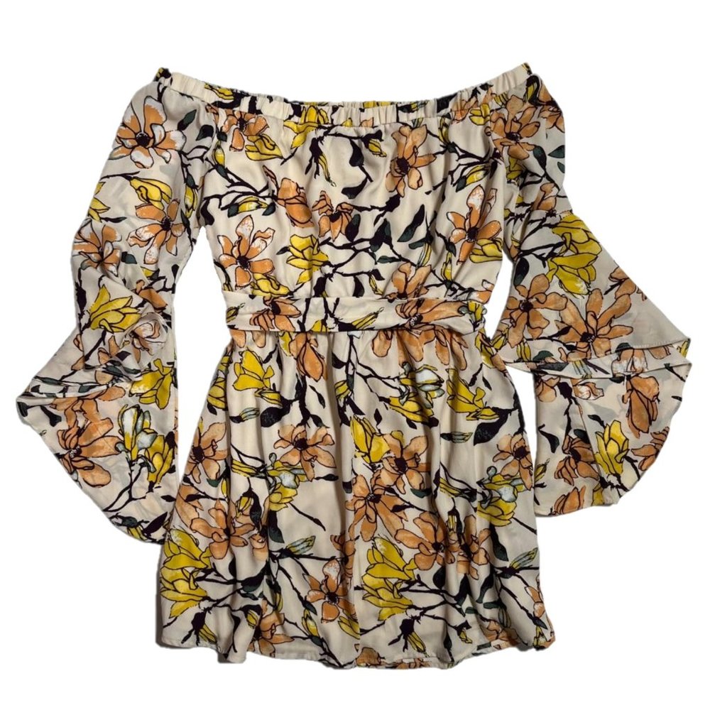 Lulu's Blushing Blooms Blush Floral Print Off-the-Shoulder Dress Size Small - Picture 2 of 4